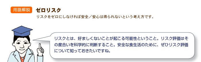 リスクとは、好ましくないことが起こる可能性ということ。リスク評価はその度合いを科学的に判断すること。安全な食生活のために、ぜひリスク評価について知っておきたいですね。
