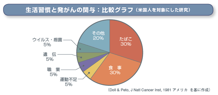 生活習慣と発がんの関与：比較グラフ（米国人を対象にした研究）